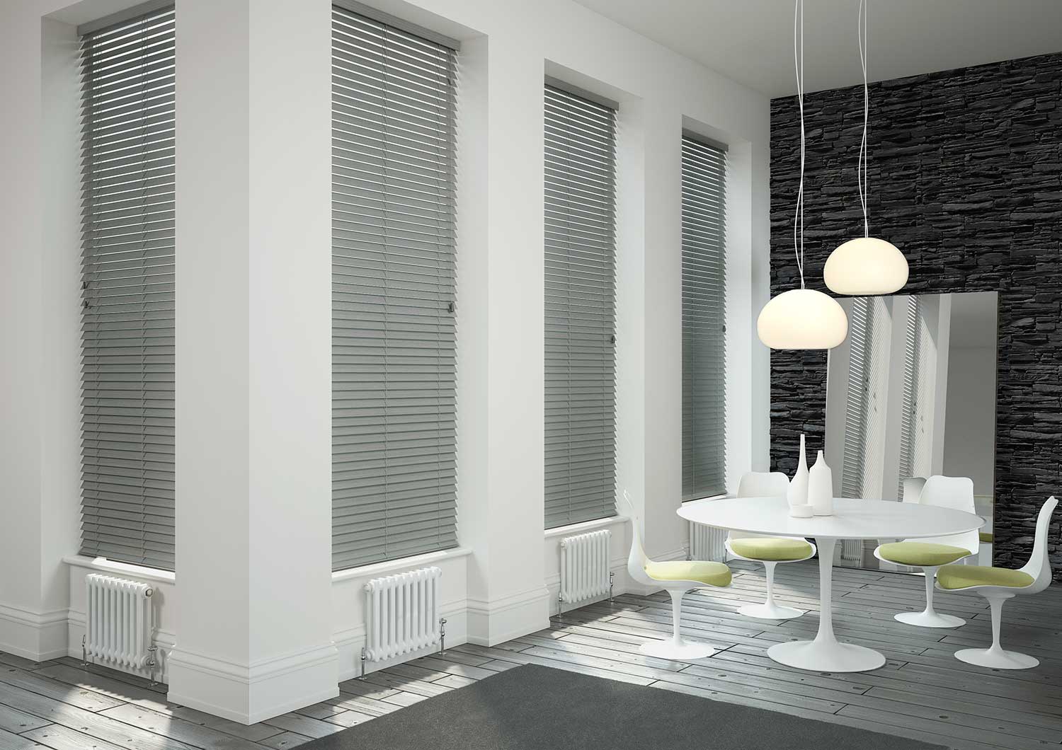 Grey Venetian blinds in a bright dining room